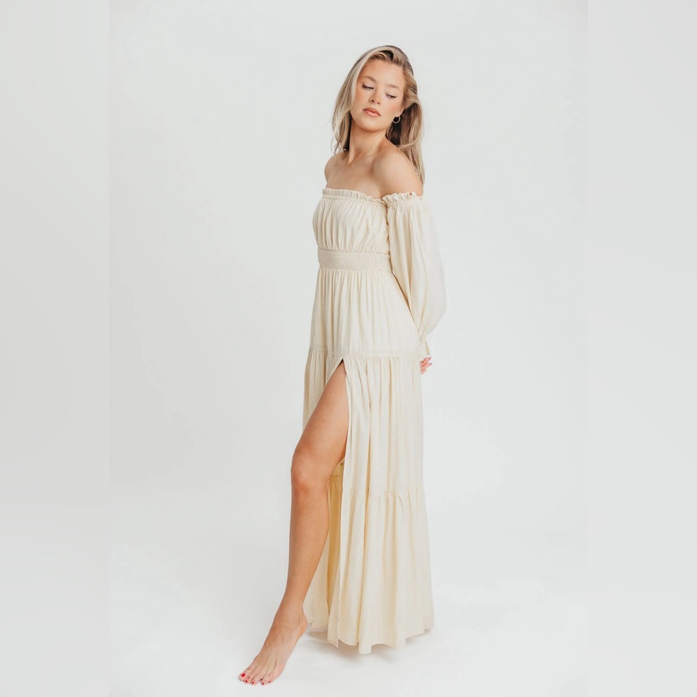 Harper Cru Long Sleeve Off-Shoulder Maxi Dress in Cream XL